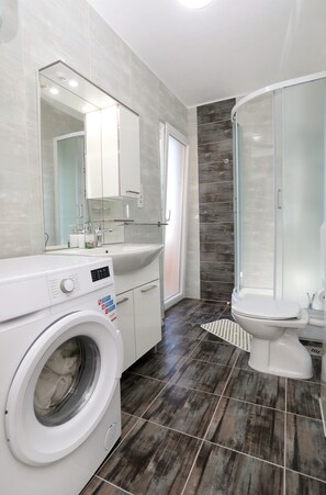 Shower, hair dryer, towels