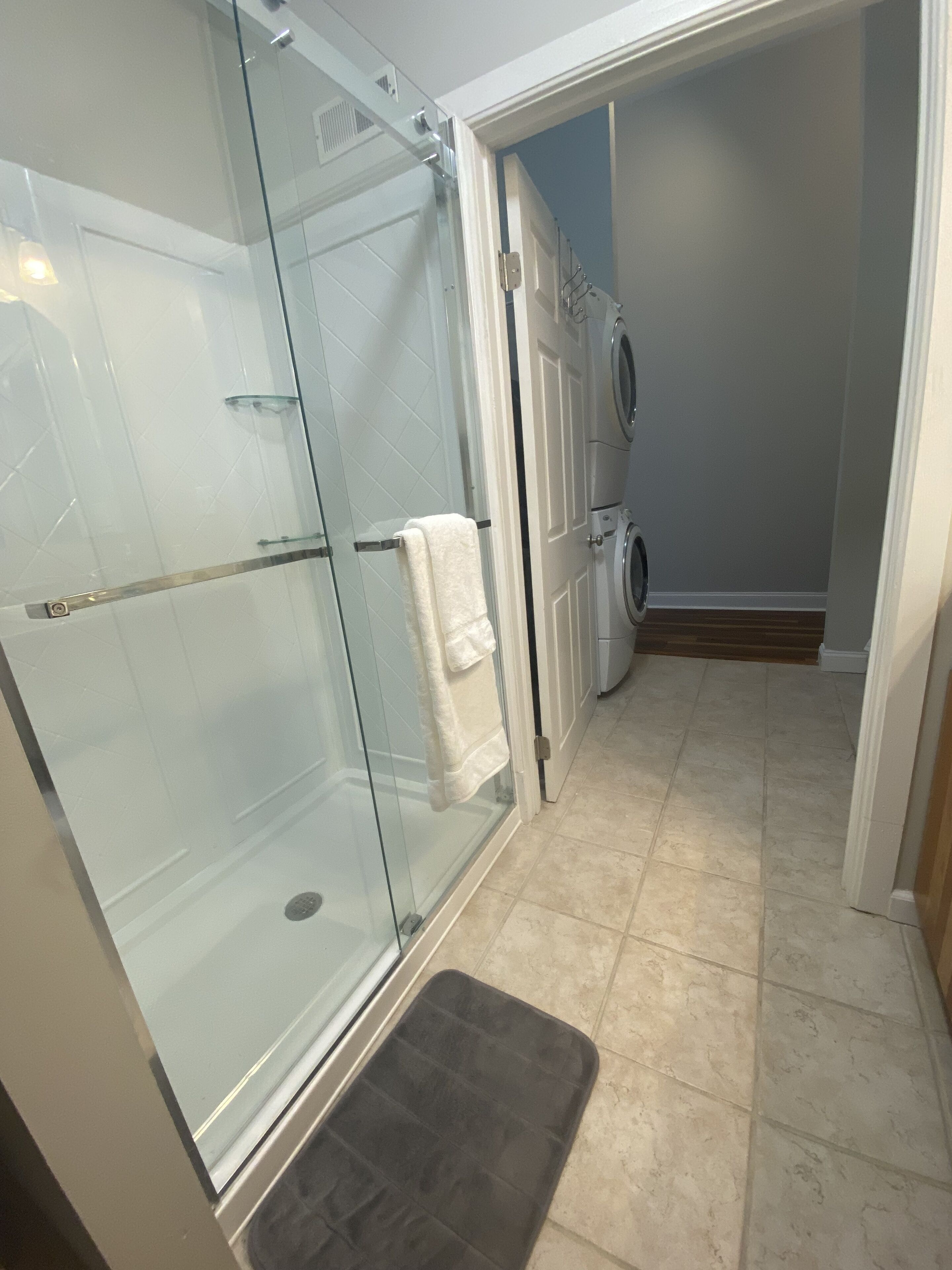 Shower, towels, soap, shampoo