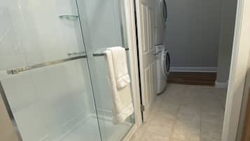 Shower, towels, soap, shampoo