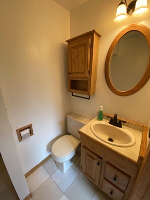 A bathroom with a toilet, wooden cabinet, sink, and mirror.