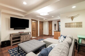 Télévision, cheminée, chaîne hi-fi