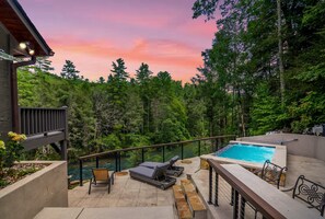 Terrace/patio - Toccoa Riverside Retreat ~ 45-Acre Estate, Fire Pit, Pool, Sauna, & More! (Blue Ridge)