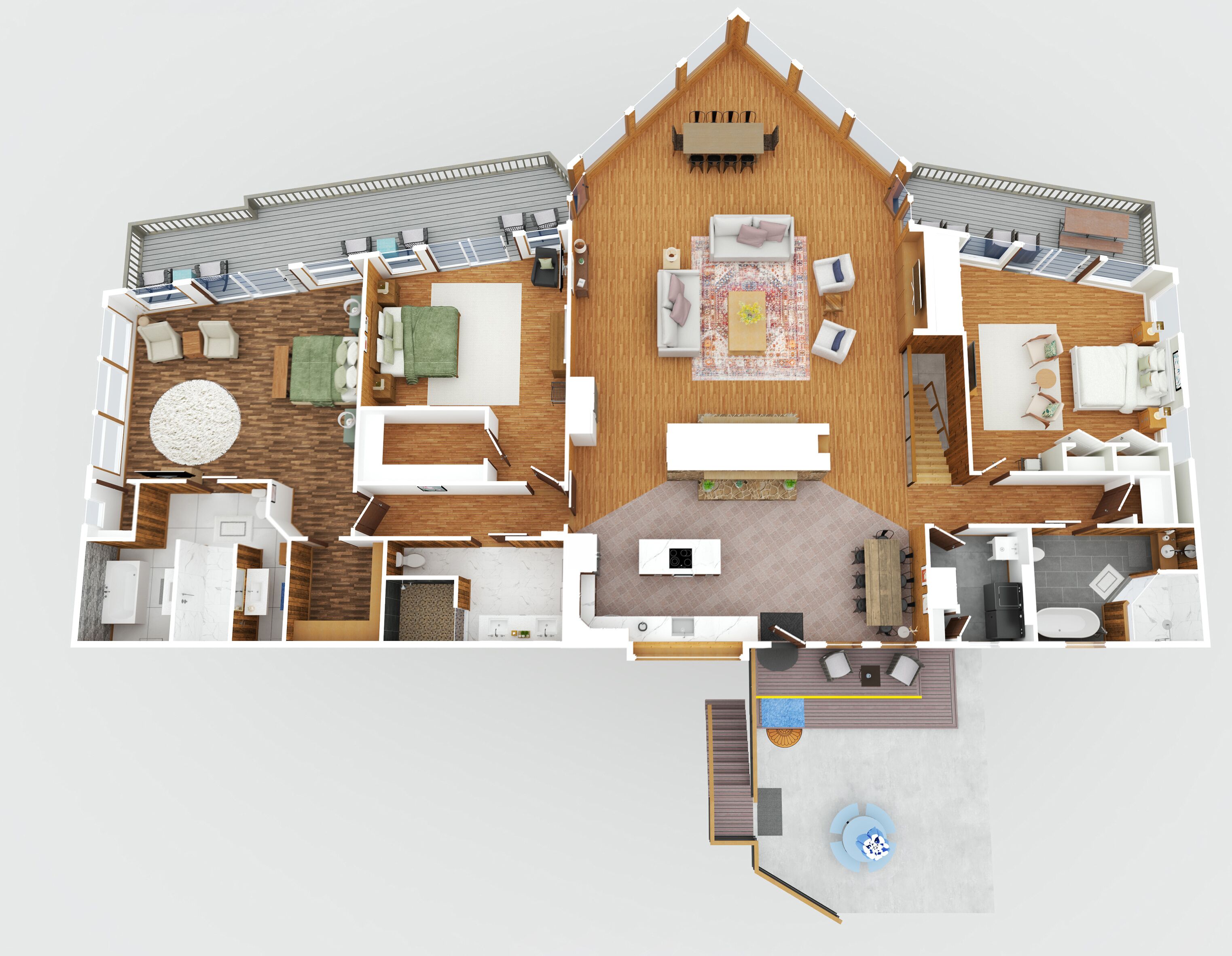 A modern hotel layout with multiple bedrooms, a dining area, a kitchen, and a pool.