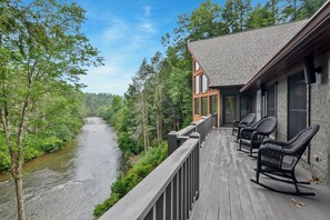 Terrace/patio - Toccoa Riverside Retreat ~ 45-Acre Estate, Fire Pit, Pool, Sauna, & More! (Blue Ridge)