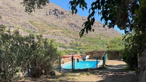 Un jardin avec une piscine, entouré d’arbres et avec une montagne en toile de fond.