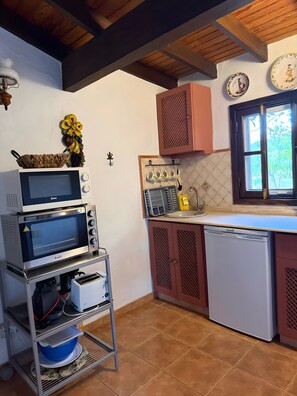 Fridge, microwave, oven, stovetop - Country Cabin "Finca Nim 1" on a Farm with Mountain View, Pool & Wi-Fi (Mogán)