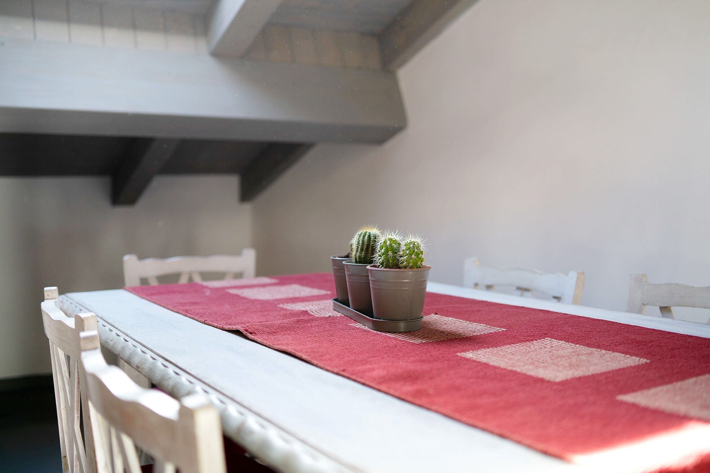 Een eettafel met een rode tafelkleed, witte stoelen en twee kamerplanten in potten.