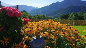 A garden with vibrant flowers and a mountain backdrop. - Vacation apartment Zuhaus- 2 persons, 45sqm, terrace with mountain view (Bad Reichenhall)