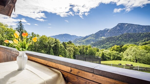 A wooden balcony with a white vase of tulips, overlooking a mountainous landscape with a clear sky. - Vacation apartment in the farmhouse- 2 persons, 30sqm, balcony with mountain view (Bad Reichenhall)