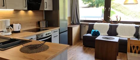 Fridge, stovetop, dishwasher, coffee/tea maker