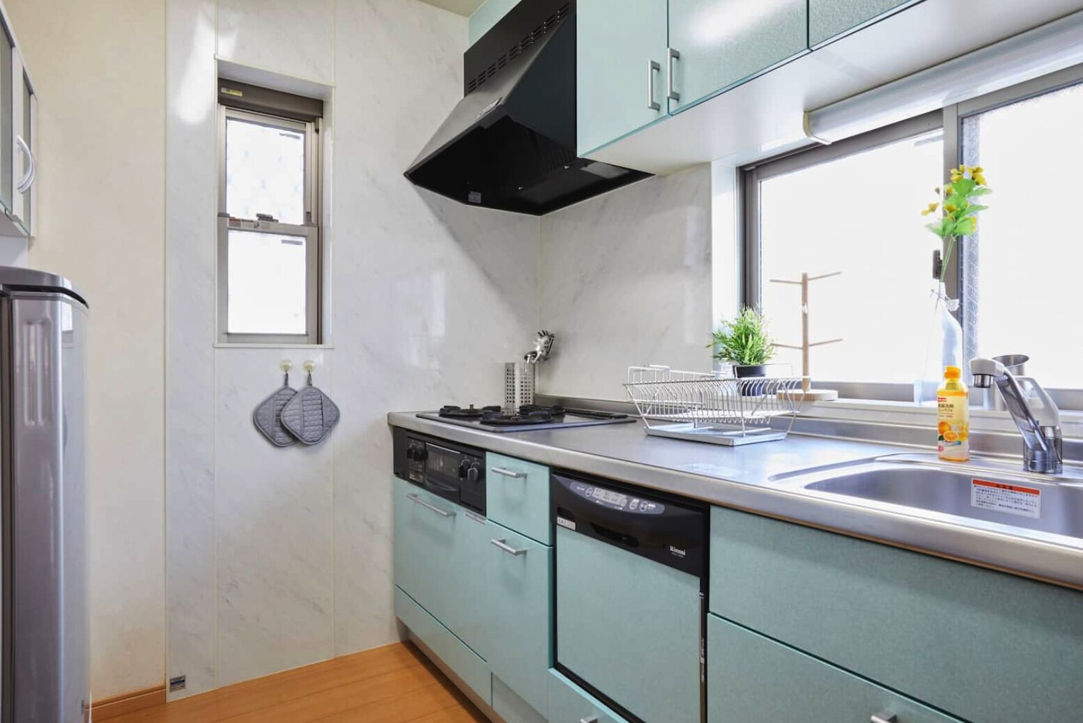A compact kitchen with a dishwasher, stove, and sink. There is a window with a view of the outside, and a small plant on the counter.