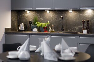 Mini-fridge, stovetop, dishwasher, cookware/dishes/utensils