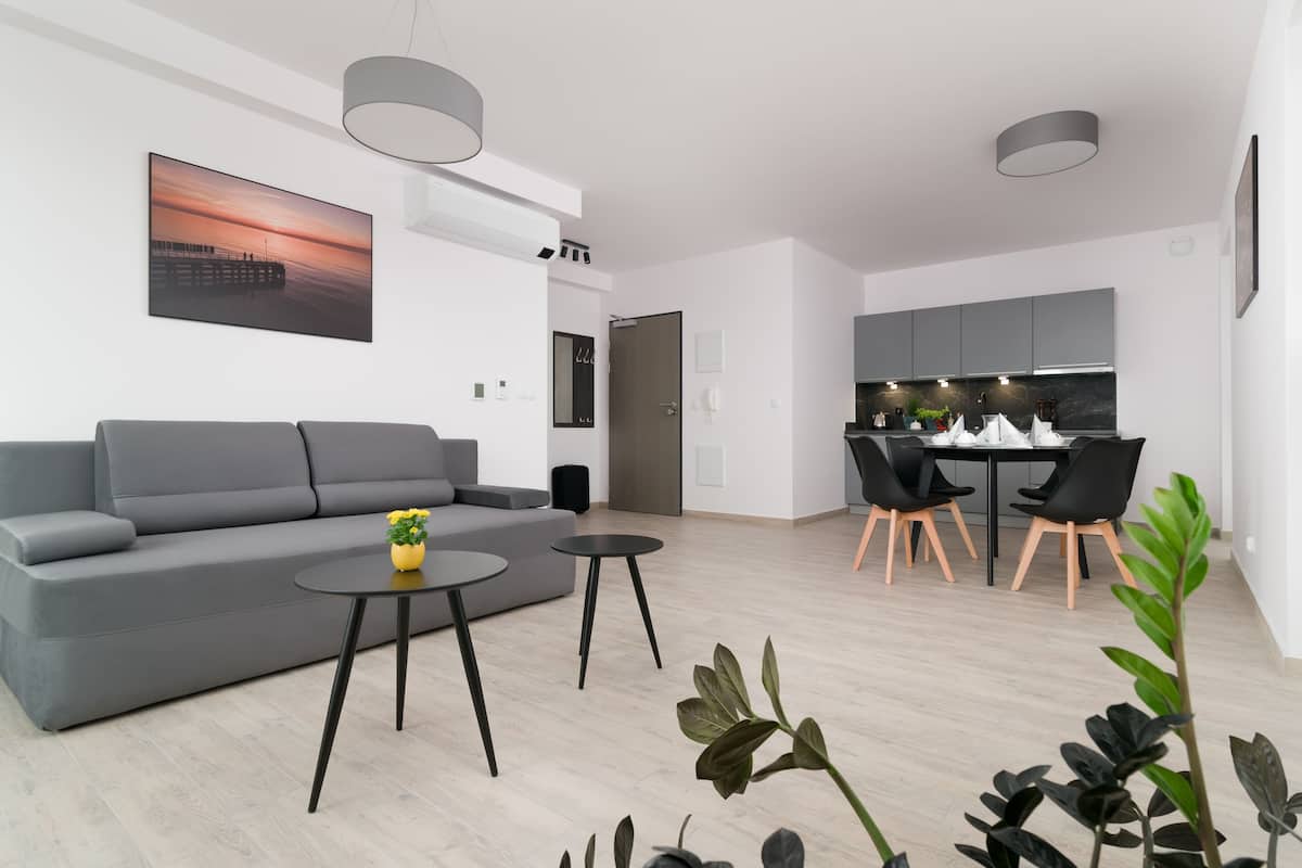 Deluxe Apartment | Living room | 49-inch flat-screen TV with satellite channels, TV