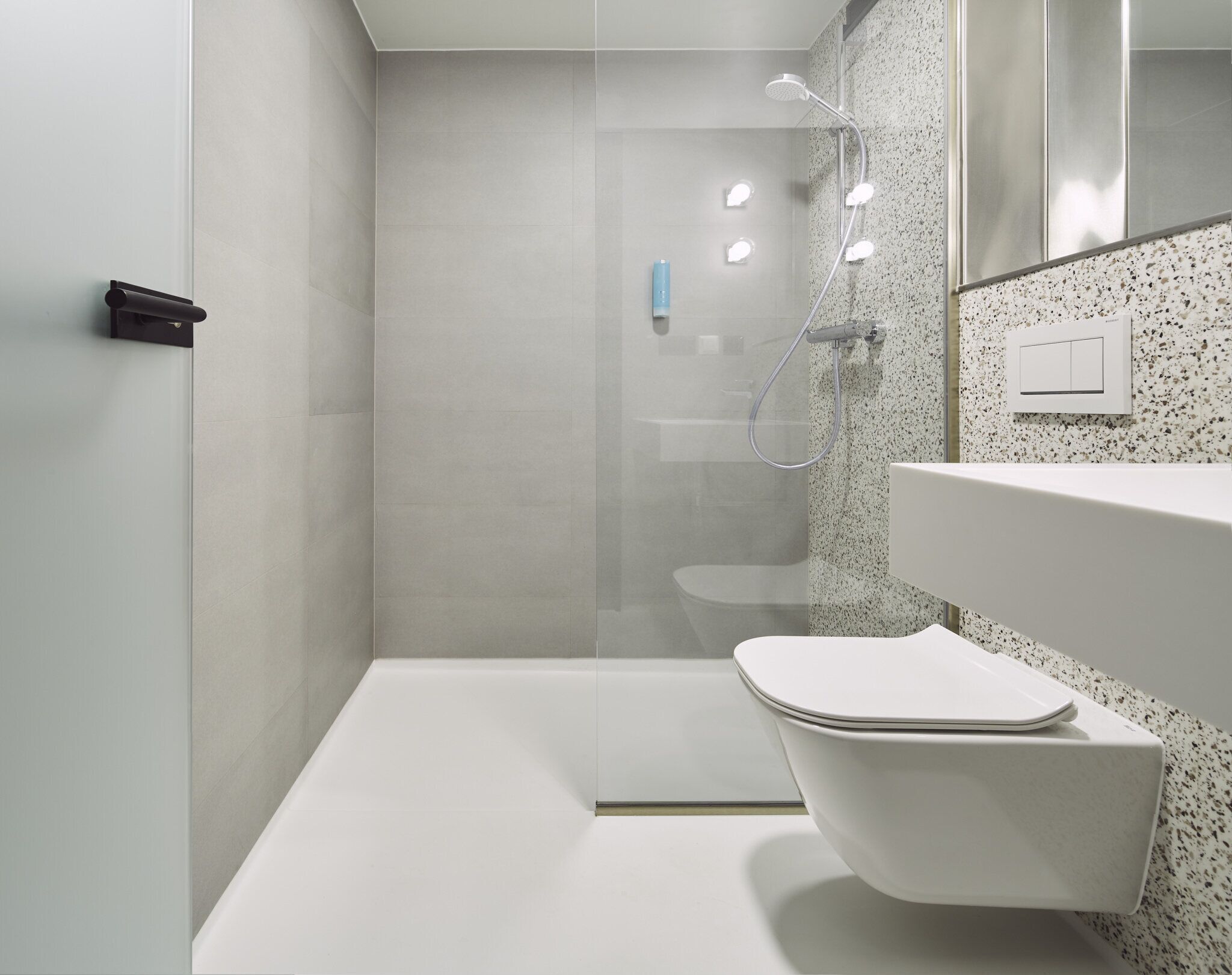 shower, rainfall showerhead, designer toiletries, hair dryer