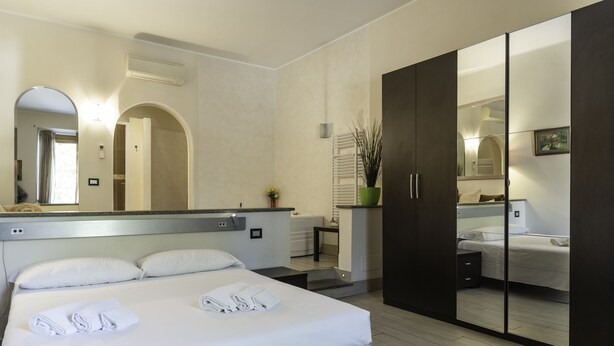 A hotel room with a large bed, a wardrobe, a mirror, and a small table with a plant.