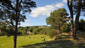 Ein Golfplatz mit Sandbunkern, Bäumen und einer entfernten Bergkette.