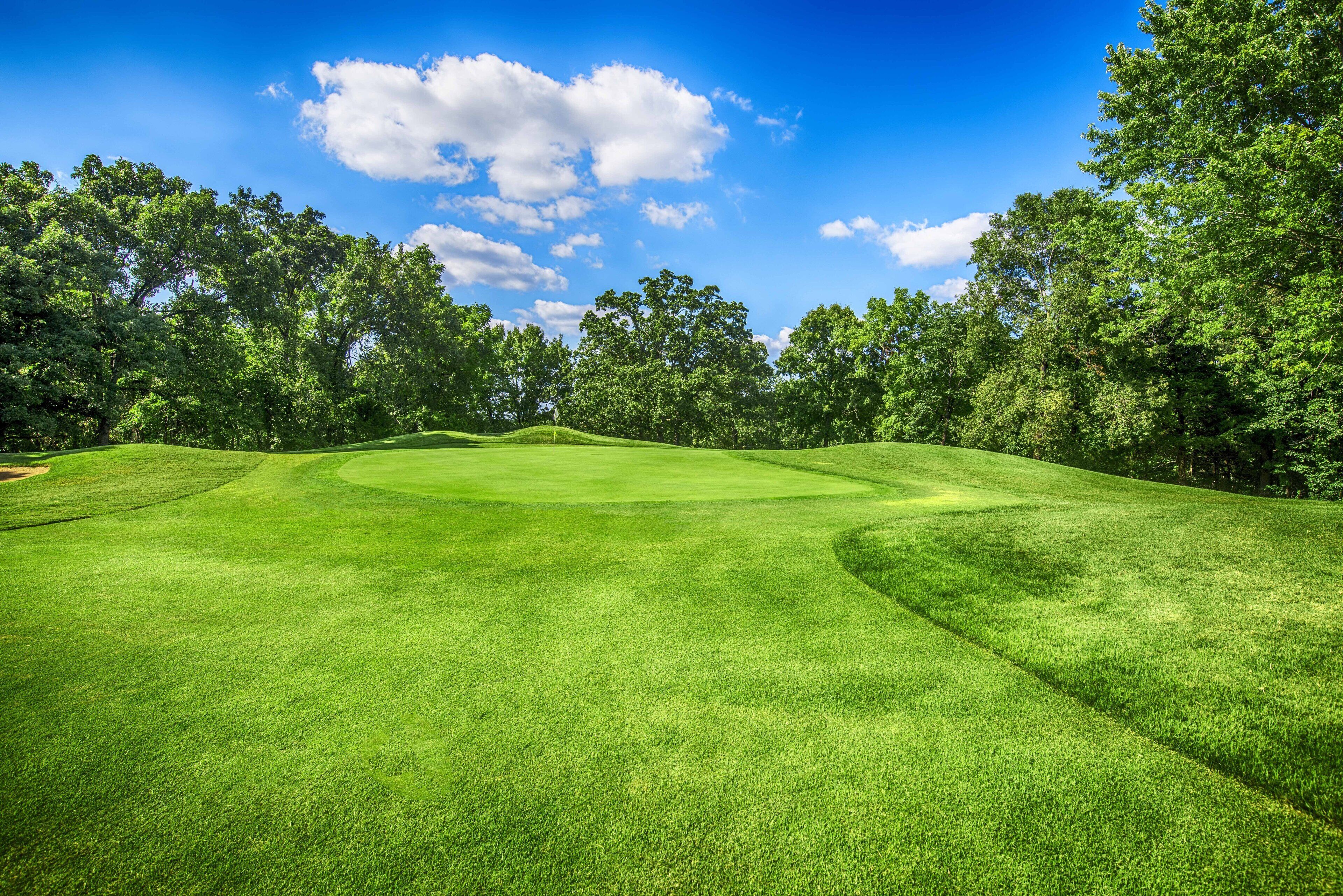 A well-maintained golf course with a clear sky and lush greenery.