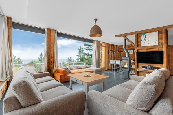 Smart TV, fireplace, DVD player, books