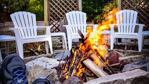 A fire pit with burning logs, surrounded by white Adirondack chairs, set against a backdrop of trees and a wooden fence. - Cozy Dog Friendly House with Deck, Firepit & Fast WiFi in Heart of Bar Harbor (Bar Harbor)