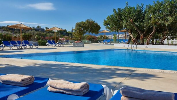 A pool area with lounge chairs and umbrellas, surrounded by trees and a clear sky. - Vasia Ormos Hotel (Agios Nikolaos)
