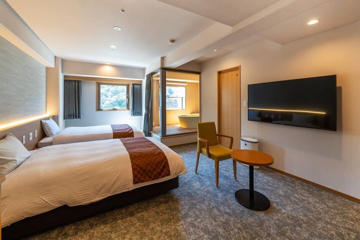 Habitación de hotel con dos camas, un televisor, una mesita y una silla.