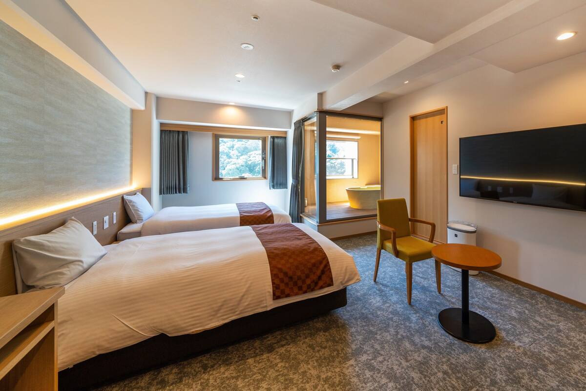 Habitación de hotel con dos camas, un televisor, una mesita y una silla.