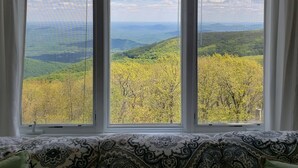 A room with a large window overlooking a mountainous landscape. - View from the Top (Roseland)
