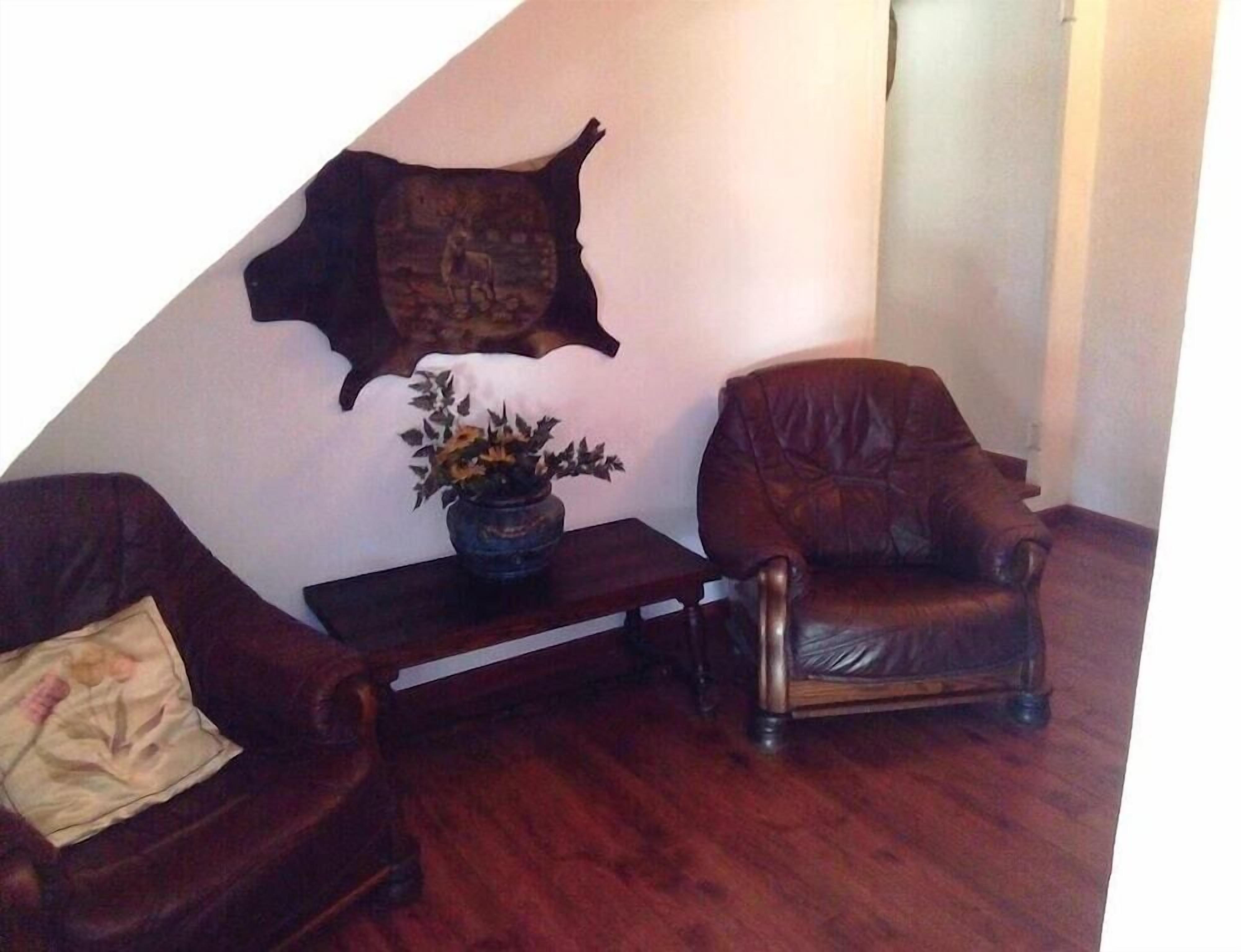Un salón con un sillón de cuero marrón, una mesa de centro de madera con un florero y un artefacto nativo americano colgado en la pared.