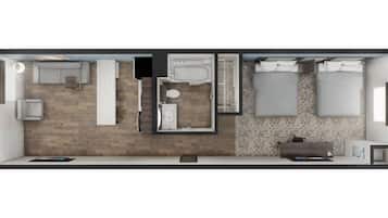 A modern hotel room with a wooden floor, a large bed, a separate bathroom, a small seating area, and a desk.