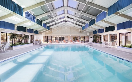 An indoor swimming pool with clear blue water, surrounded by lounge chairs and a glass ceiling.