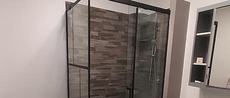 Shower, hair dryer, soap, toilet paper