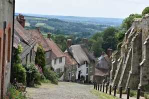Une ruelle pavée bordée de bâtiments historiques aux toits à forte pente et aux cheminées en briques.