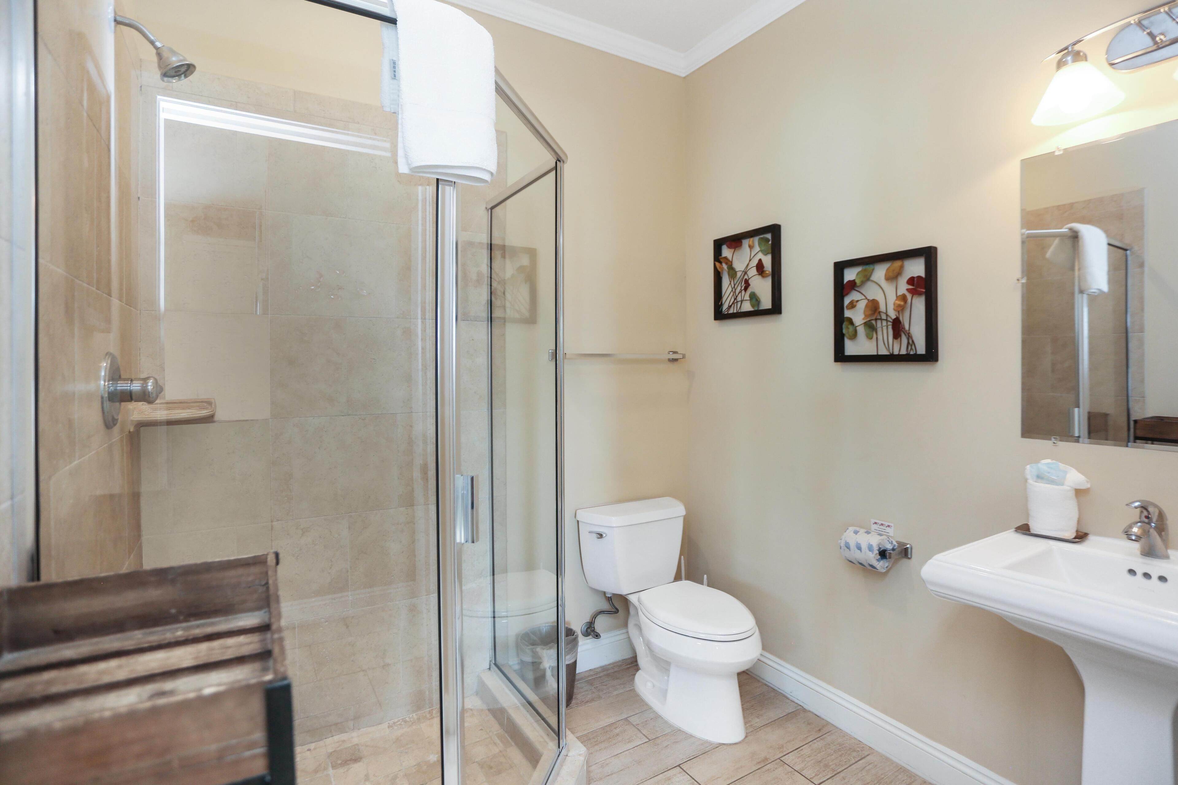 A bathroom with a glass shower enclosure, a toilet, a sink, and two framed pictures on the wall.