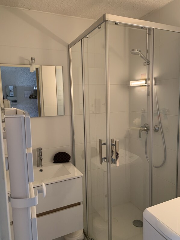 A modern bathroom with a glass-enclosed shower, a white sink, and a mirror above the sink. - Appartement F2 Avec Large Balcon (Embrun)