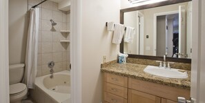 Combined shower/tub, hair dryer, towels, soap