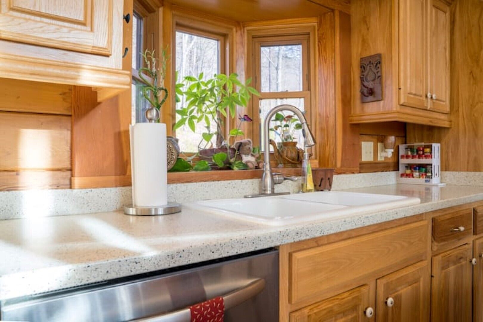 A kitchen with wooden cabinets, a double sink, and a stainless steel dishwasher.