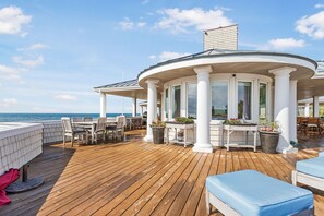 Outdoor dining - Lake Michigan & channel, Saugatuck.  8 bedrooms, heated pool in season, hot tub. (Saugatuck)