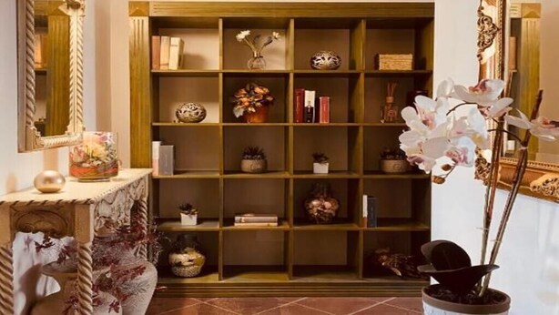 A hallway with a wooden bookshelf, a decorative mirror, and a potted orchid. - Townhome (Viterbo)