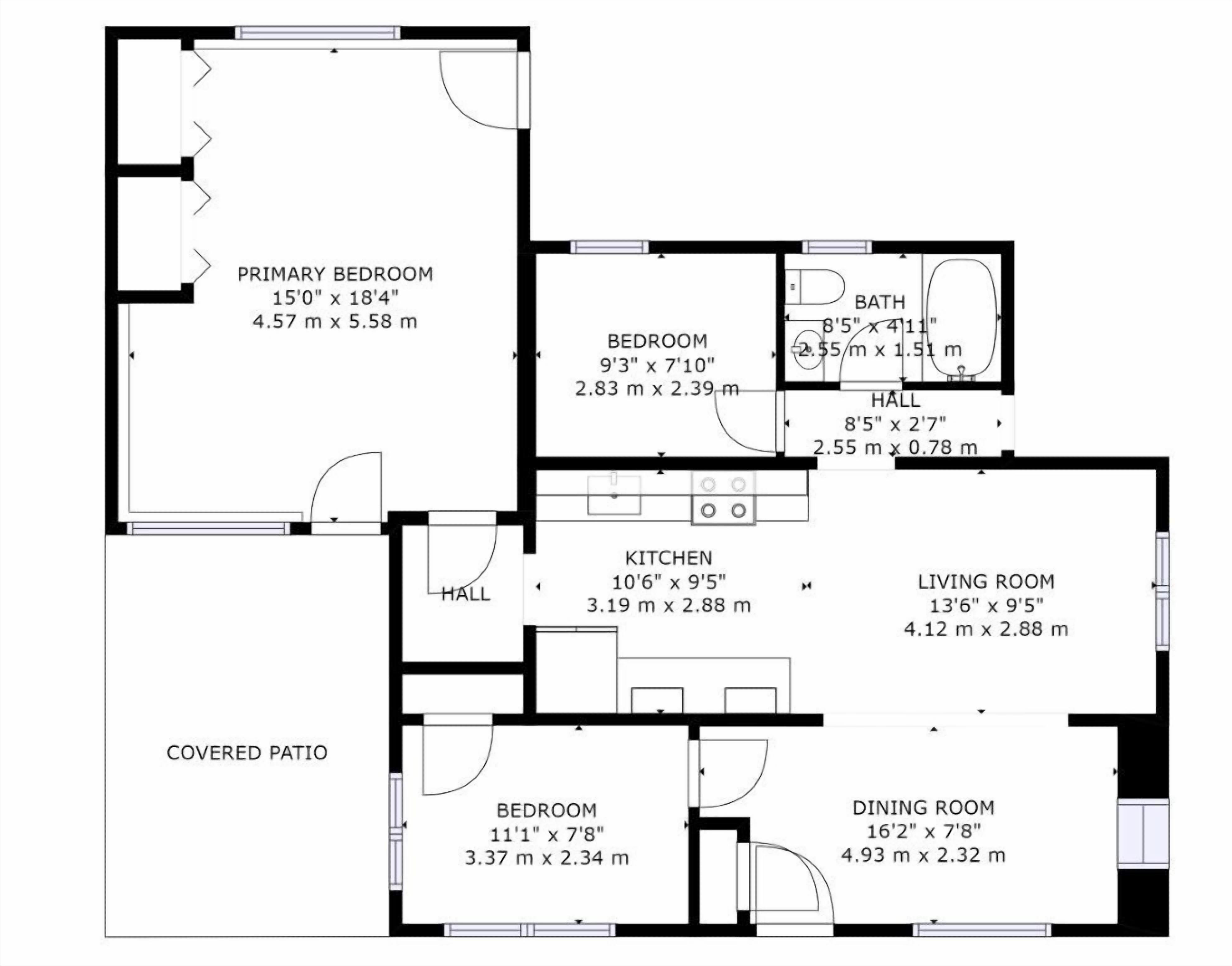 A floor plan of a house with a covered patio, primary bedroom, secondary bedroom, kitchen, living room, dining room, and a bathroom.