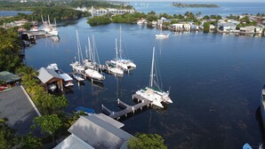 A marina with multiple boats docked, surrounded by residential buildings and greenery.