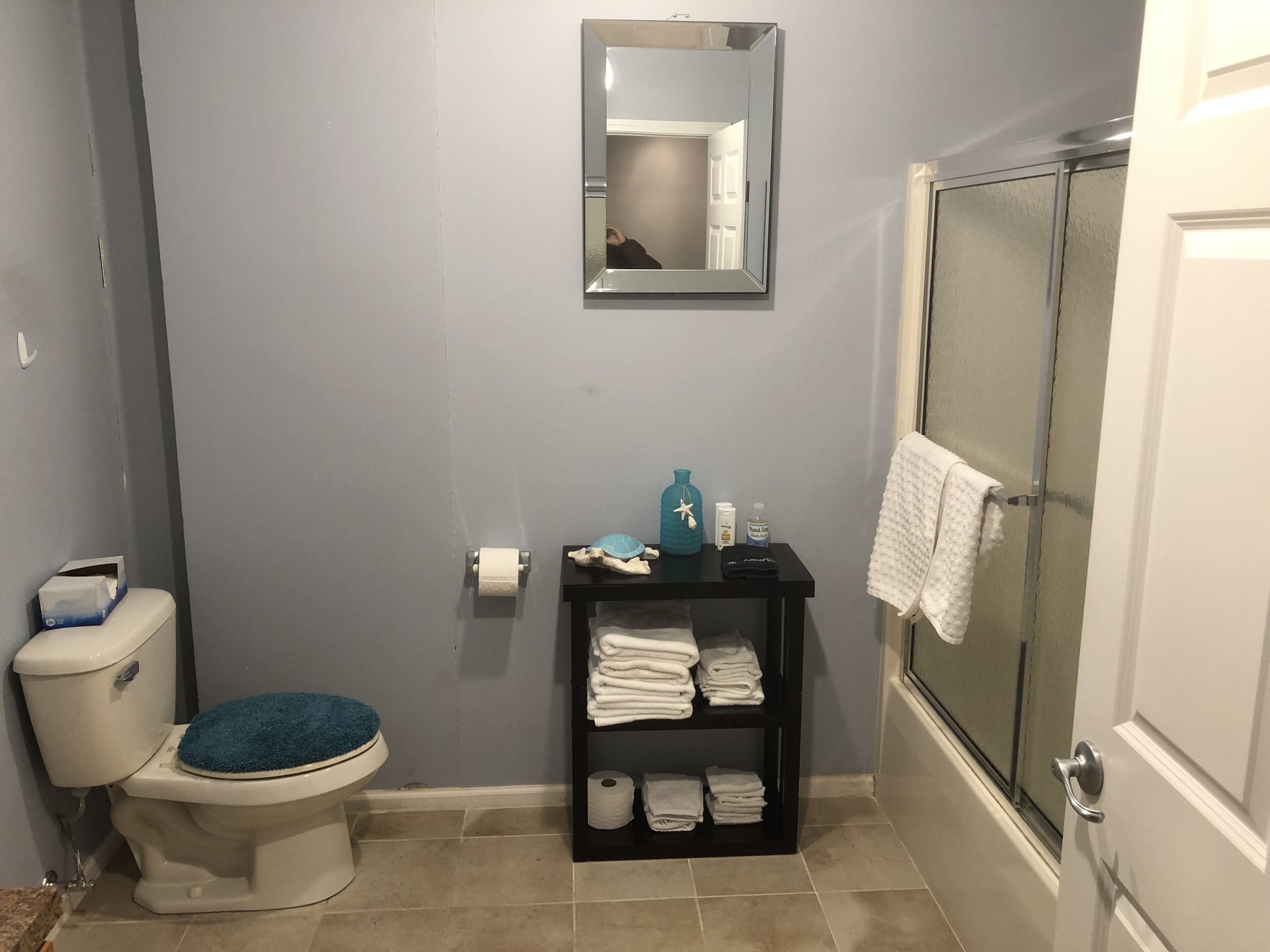 Baignoire, sèche-cheveux, serviettes fournies, savon