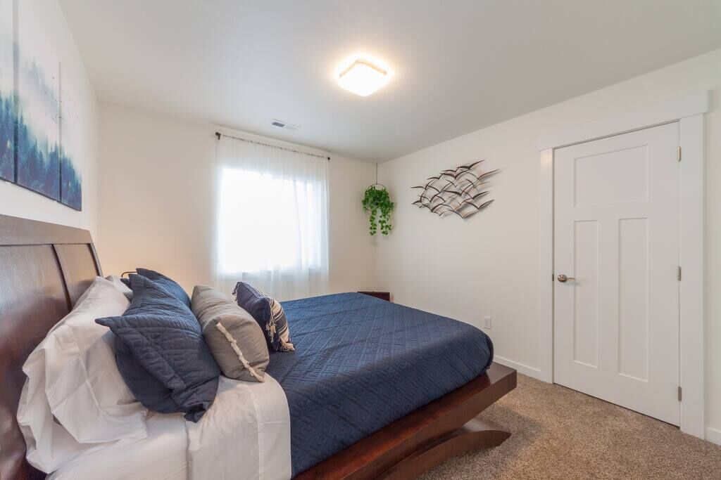 A bedroom with a bed, a window with curtains, a door, and a wall-mounted plant.
