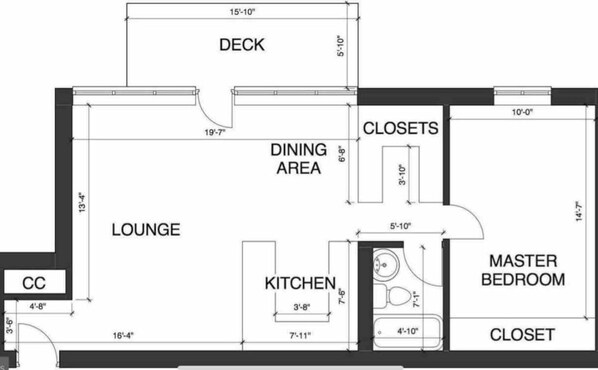 Un plan d’étage comprenant une terrasse, un coin repas, un salon, une cuisine, une chambre principale et des placards.