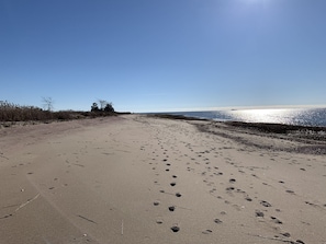 On the beach, sun-loungers, beach towels
