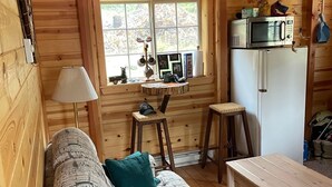 Un interior acogedor de cabaña con paredes de madera, un sofá, una mesita, un microondas y un refrigerador.