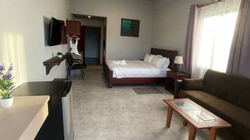 A hotel room with a bed, a sofa, a desk, a TV, and a ceiling fan.