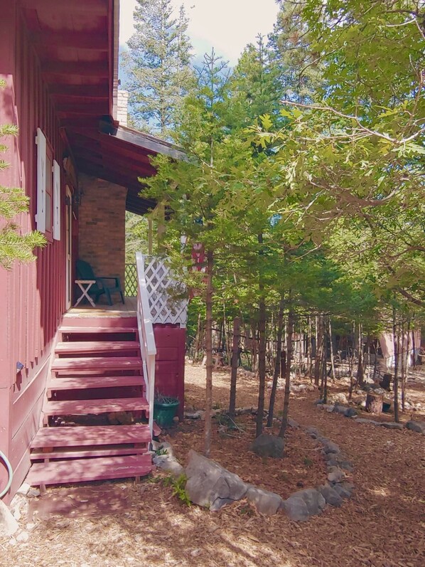 Escape to a secluded cabin surrounded by nature, with a covered porch and wooden stairs leading to a serene retreat.