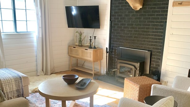 A living room with a fireplace, a television, and a ceiling fan. - Cozy Cottage Cabin with Wood Burning Fireplace - Pet Friendly! Charming Updates! (Cloudcroft)