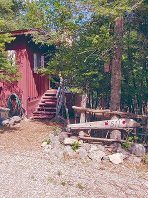 Step up to a cozy retreat surrounded by nature, with a wooden staircase leading to a charming cabin.