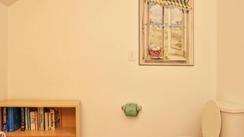 Une salle de bain avec des toilettes, une fenêtre donnant sur un paysage et une bibliothèque remplie de livres.